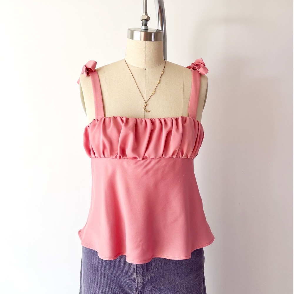 Zara‎ Coquette Camisole Top Baby Pink Ruched Tie Shoulder Medium